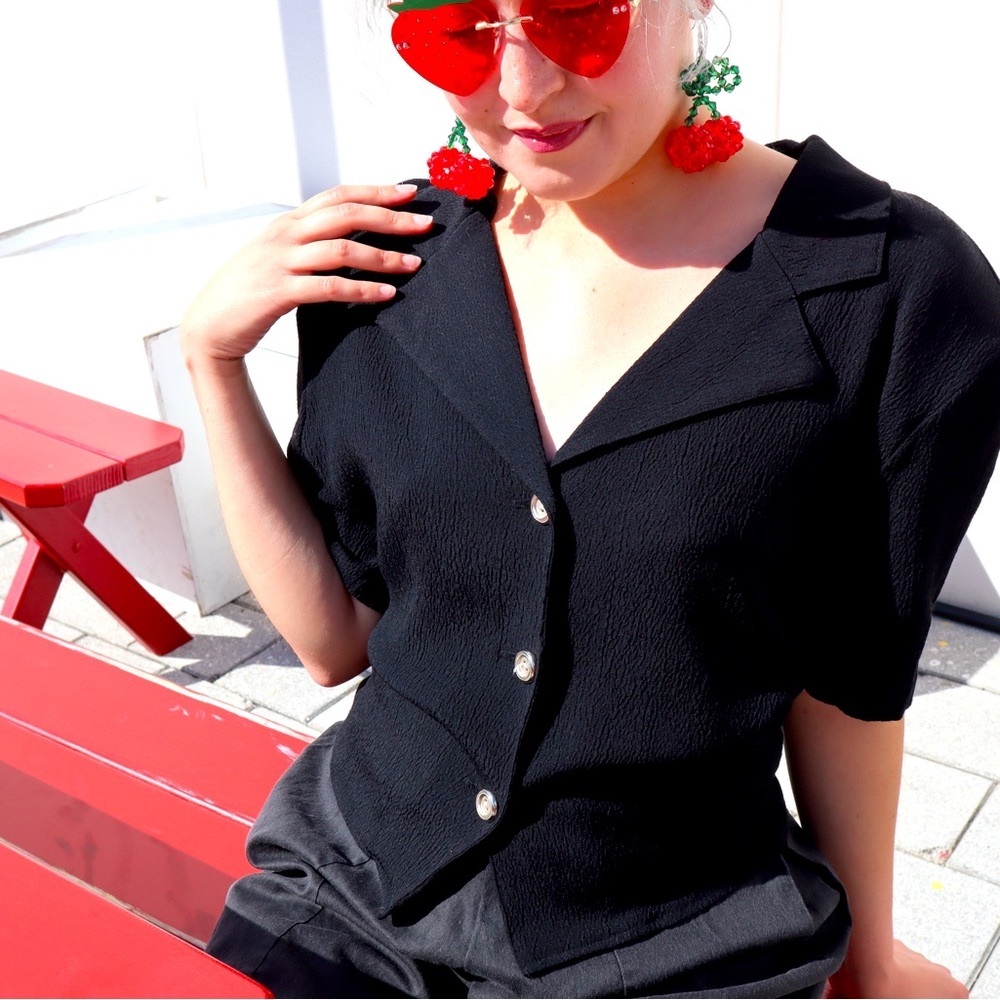Vintage Back Lapel Shoulder Pad Tie-Back Top